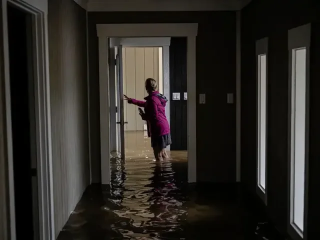 Standing water covers an interior hallway with a person near the doorway