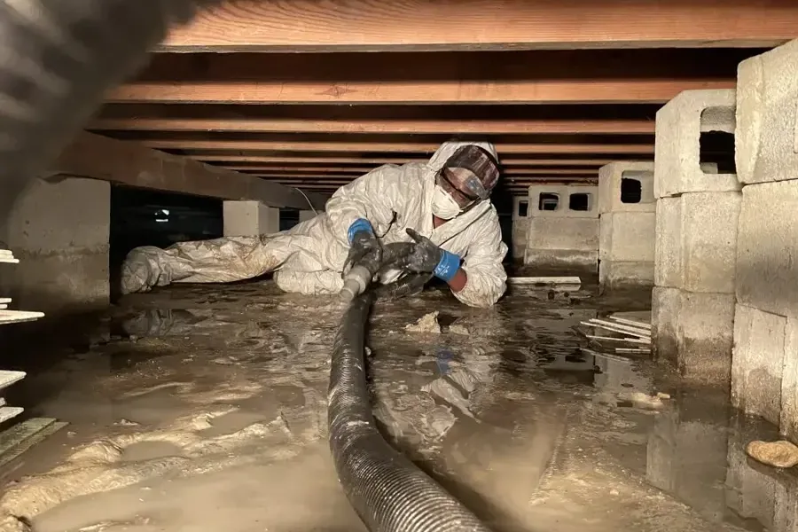 Worker handling an extraction hose in a flooded crawl space