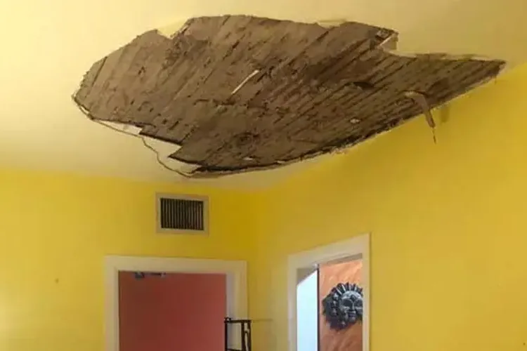 Ceiling plaster has fallen away to expose wooden lath above a room