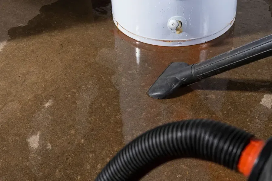 Extraction nozzle removing pooled water beside a tank water heater